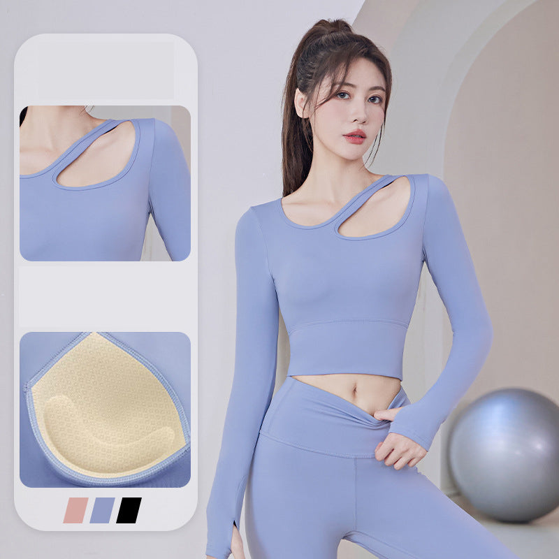 Yoga top, long sleeves, with cups, no shaking, belly button exposed, wide hem, finger holes, stylish bustier, stretch, sweat absorbing, quick drying, breathable, large size, sexy, asymmetrical, 4 colors, openwork, Pilates, sports, fitness, running, S-XXL
