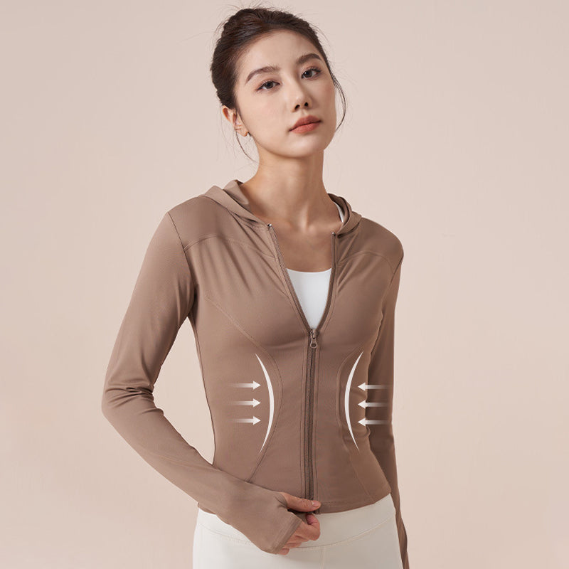 ヨガウェア パーカー 長袖 前開き 指穴 ストレッチ 快適 柔らかく 細見え 大きいサイズ 体型カバー 骨格ストレート 全3色 ジッパー めくれない スポーツ フィットネス ランニング アウトレット 自転車 S-XXL