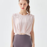 Yoga wear, tops, tank tops, curved hem, wrap, breathable, gathered, short length, round neck, solid color, 4 colors available, no movement, belly button exposed, tunic, sports, fitness, running, stylish, quick drying, loose, thin, soft, S-XL