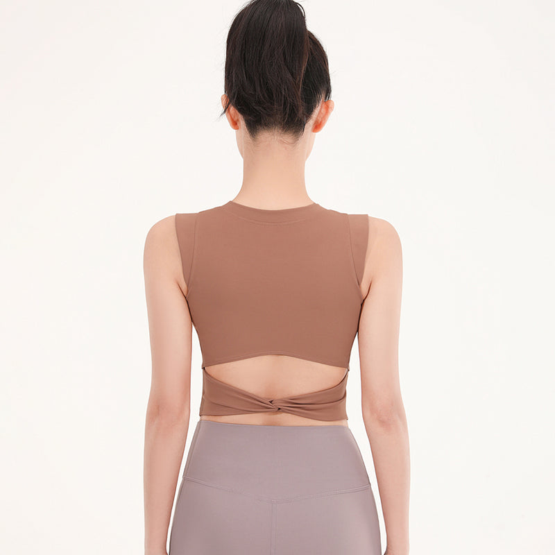 Tank top, yoga wear, top, with cup, open back, twist, 4 colors, belly button exposed, no shaking, fuller, no wire, curved hem, stretchy, comfortable, slimming, sweat wicking, quick drying, sports, fitness, gym, Pilates, running, S-XL