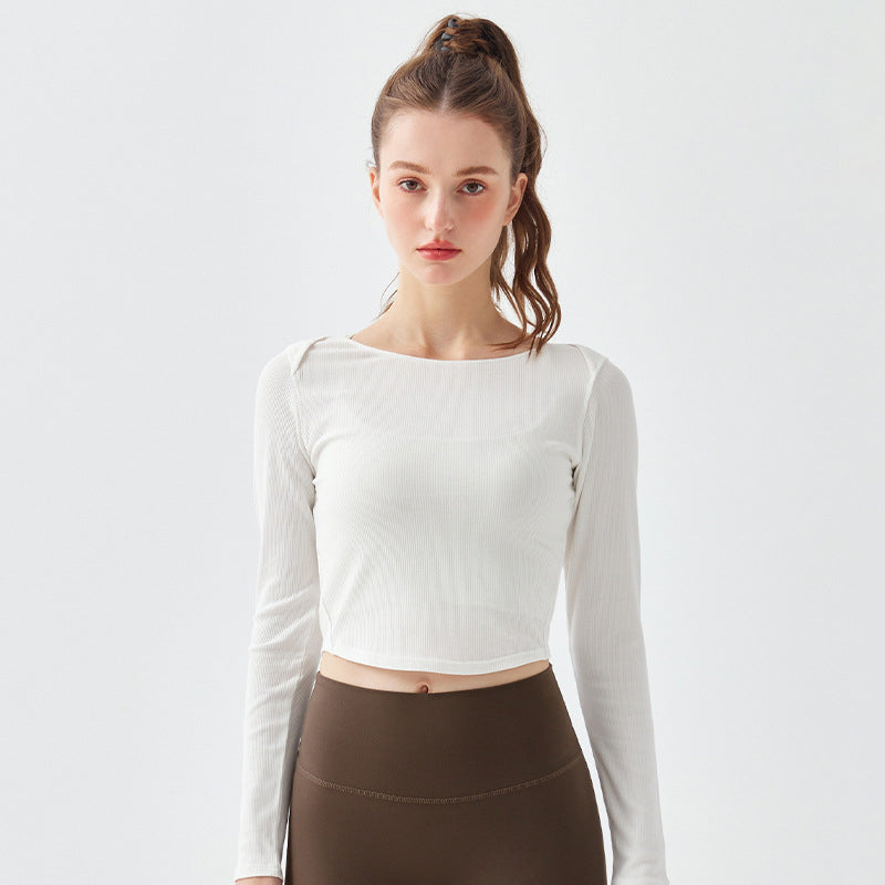 Yoga tops, long sleeves, open back, twisted, round neck, ribbed, wrap, belly button exposed, yoga t-shirt, curved hem, cute back, stretch, sweat wicking, quick drying, slimming, breathable, 4 colors available, sports, fitness, Pilates, running, S-XL