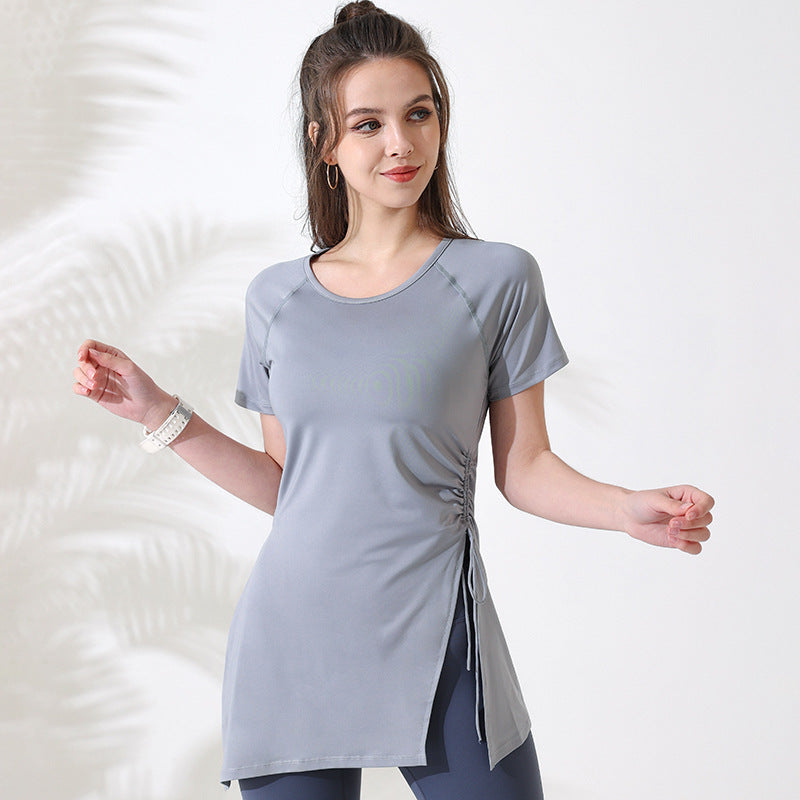 Yoga T-shirt, short sleeves, yoga wear, top, long, round neck, 5 colors available, thin, hip concealment, drawstring, shirring, side slits, quick drying, casual, popular, body coverage, loose, breathable, slim, elegant, running, fitness, sports, S~L