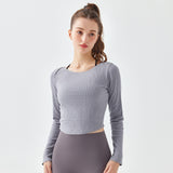 Yoga tops, long sleeves, open back, twisted, round neck, ribbed, wrap, belly button exposed, yoga t-shirt, curved hem, cute back, stretch, sweat wicking, quick drying, slimming, breathable, 4 colors available, sports, fitness, Pilates, running, S-XL