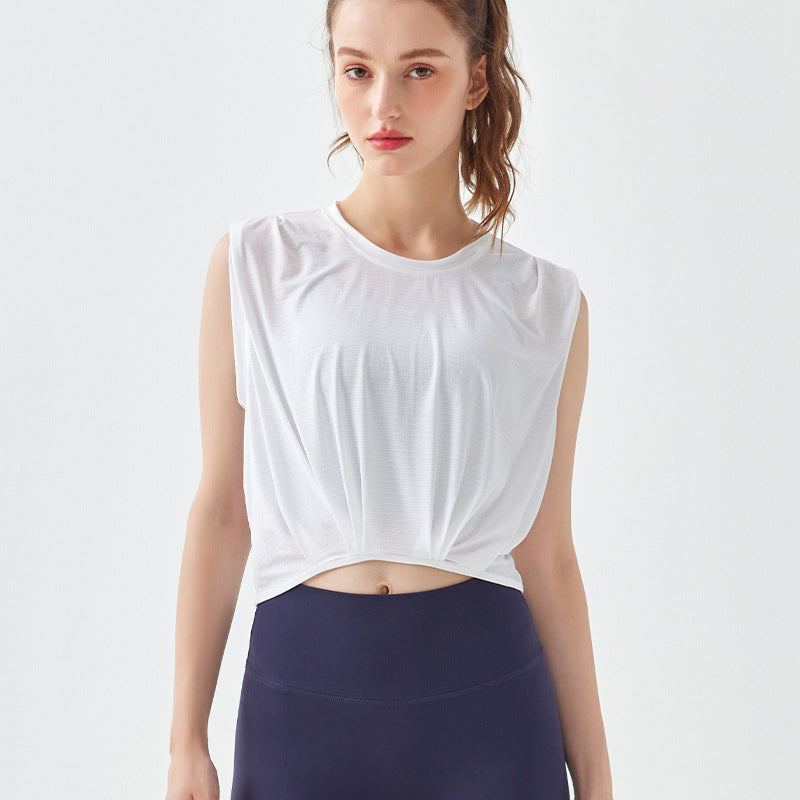 Yoga wear, tops, tank tops, curved hem, wrap, breathable, gathered, short length, round neck, solid color, 4 colors available, no movement, belly button exposed, tunic, sports, fitness, running, stylish, quick drying, loose, thin, soft, S-XL