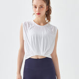 Yoga wear, tops, tank tops, curved hem, wrap, breathable, gathered, short length, round neck, solid color, 4 colors available, no movement, belly button exposed, tunic, sports, fitness, running, stylish, quick drying, loose, thin, soft, S-XL