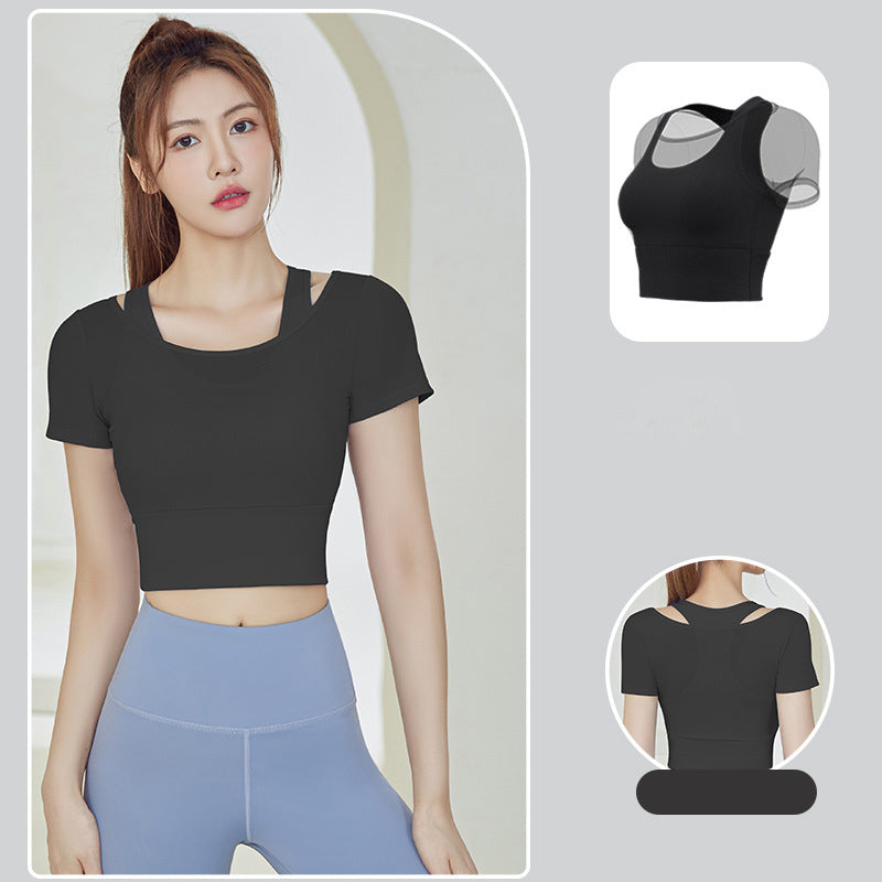 Yoga top with cups, tulle, see-through, round neck, 3 colors, short sleeves, wide hem, racer back, fuller, breathable, sexy, no shaking, belly button exposed, no wires, yoga t-shirt, sports, fitness, running, stylish, quick-drying, thin, large size, S-XXL