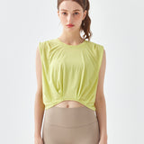Yoga wear, tops, tank tops, curved hem, wrap, breathable, gathered, short length, round neck, solid color, 4 colors available, no movement, belly button exposed, tunic, sports, fitness, running, stylish, quick drying, loose, thin, soft, S-XL