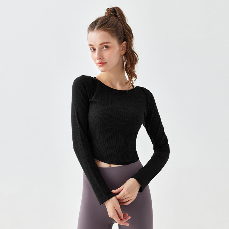Yoga tops, long sleeves, open back, twisted, round neck, ribbed, wrap, belly button exposed, yoga t-shirt, curved hem, cute back, stretch, sweat wicking, quick drying, slimming, breathable, 4 colors available, sports, fitness, Pilates, running, S-XL