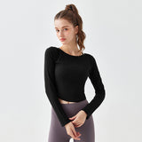 Yoga tops, long sleeves, open back, twisted, round neck, ribbed, wrap, belly button exposed, yoga t-shirt, curved hem, cute back, stretch, sweat wicking, quick drying, slimming, breathable, 4 colors available, sports, fitness, Pilates, running, S-XL