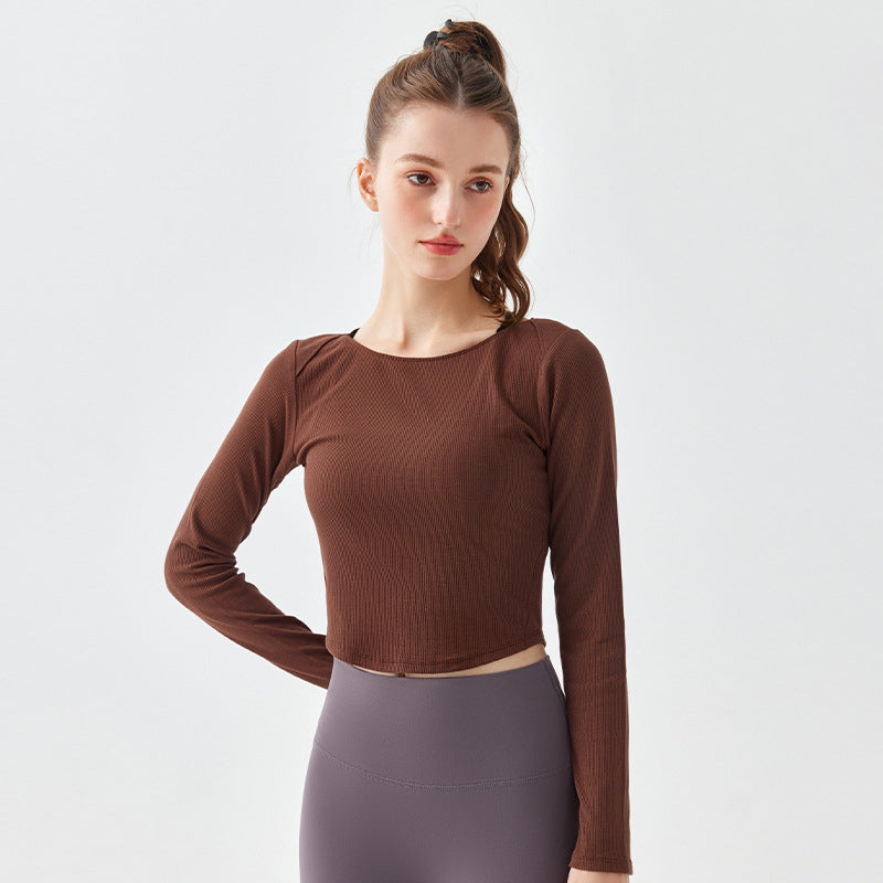 Yoga tops, long sleeves, open back, twisted, round neck, ribbed, wrap, belly button exposed, yoga t-shirt, curved hem, cute back, stretch, sweat wicking, quick drying, slimming, breathable, 4 colors available, sports, fitness, Pilates, running, S-XL