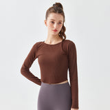 Yoga tops, long sleeves, open back, twisted, round neck, ribbed, wrap, belly button exposed, yoga t-shirt, curved hem, cute back, stretch, sweat wicking, quick drying, slimming, breathable, 4 colors available, sports, fitness, Pilates, running, S-XL