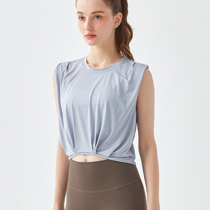 Yoga wear, tops, tank tops, curved hem, wrap, breathable, gathered, short length, round neck, solid color, 4 colors available, no movement, belly button exposed, tunic, sports, fitness, running, stylish, quick drying, loose, thin, soft, S-XL