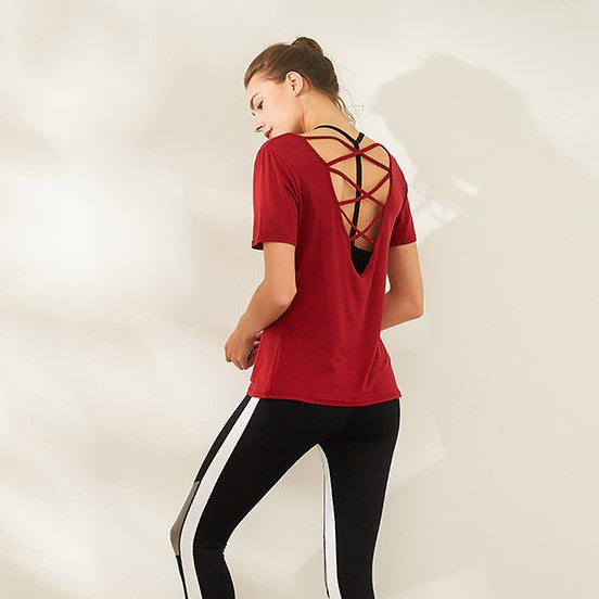 Yoga T-shirt, Yoga Top, Short Sleeve, Round Neck, 3 Colors, Breathable, Sweat Absorbent, Quick Drying, Open Back, Belly Cover, Stretch, Durable, Casual, Loose Fit, Easy to Match, Stylish, Fitness, Sports, Running, Gym, S~L