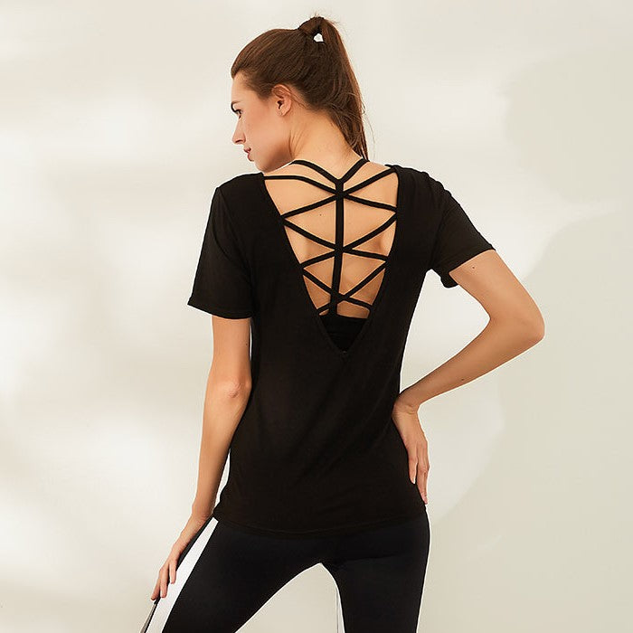Yoga T-shirt, Yoga Top, Short Sleeve, Round Neck, 3 Colors, Breathable, Sweat Absorbent, Quick Drying, Open Back, Belly Cover, Stretch, Durable, Casual, Loose Fit, Easy to Match, Stylish, Fitness, Sports, Running, Gym, S~L