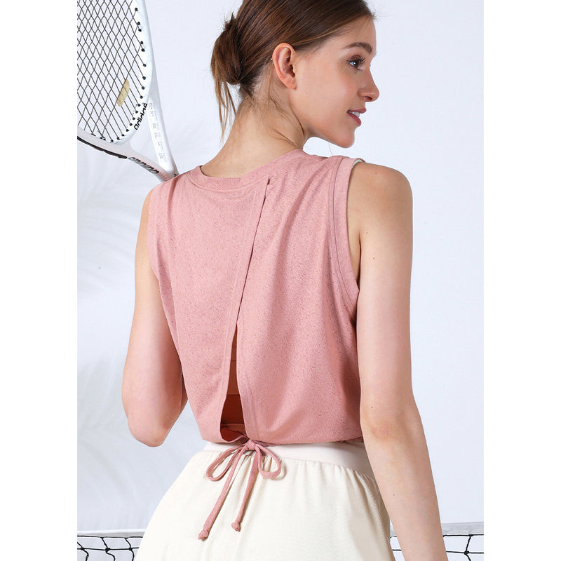 Tank top, yoga wear, top, cover-up, back slit, belly button exposed, cute back, loose fit, thin, quick-drying, back ribbon, short length, breathable, drawstring, round neck, 4 colors available, sports, fitness, running, SL