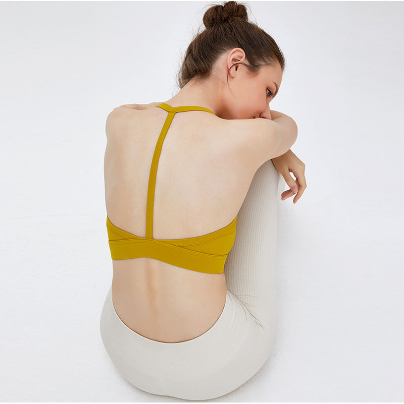 Yoga bra top, halter neck, open back, with cups, Y-back, stays in place, stretchy, comfortable, cute, sweat-wicking, quick-drying, 3 colors available, sports, gym, fitness, Pilates, hot yoga, padded bra, innerwear, S-XL