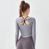 Yoga tops, long sleeves, open back, twisted, round neck, ribbed, wrap, belly button exposed, yoga t-shirt, curved hem, cute back, stretch, sweat wicking, quick drying, slimming, breathable, 4 colors available, sports, fitness, Pilates, running, S-XL