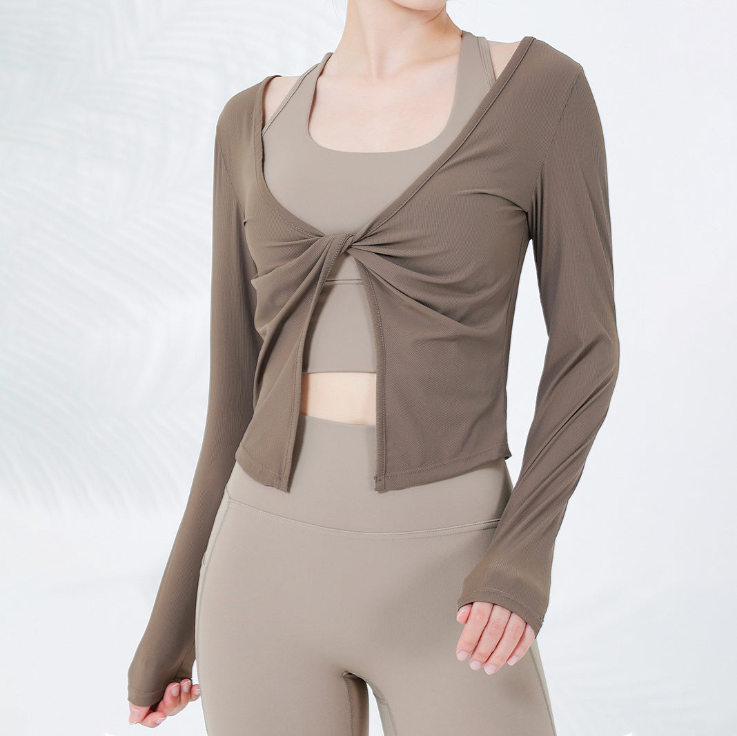 Yoga wear tops, v-neck, front opening, quick drying, breathable, twisted rib, belly button exposed, long sleeves, 4 colors, slimming, sports, fitness, running, dance, SL