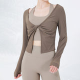 Yoga wear tops, v-neck, front opening, quick drying, breathable, twisted rib, belly button exposed, long sleeves, 4 colors, slimming, sports, fitness, running, dance, SL