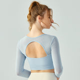 Yoga top with cups, open back, tulle, long sleeves, curved hem, quick drying, thin, clean, breathable, see-through, cross, gathered, short length, sheer, square neck, 4 colors, no wires, sports, fitness, stylish, S-XL