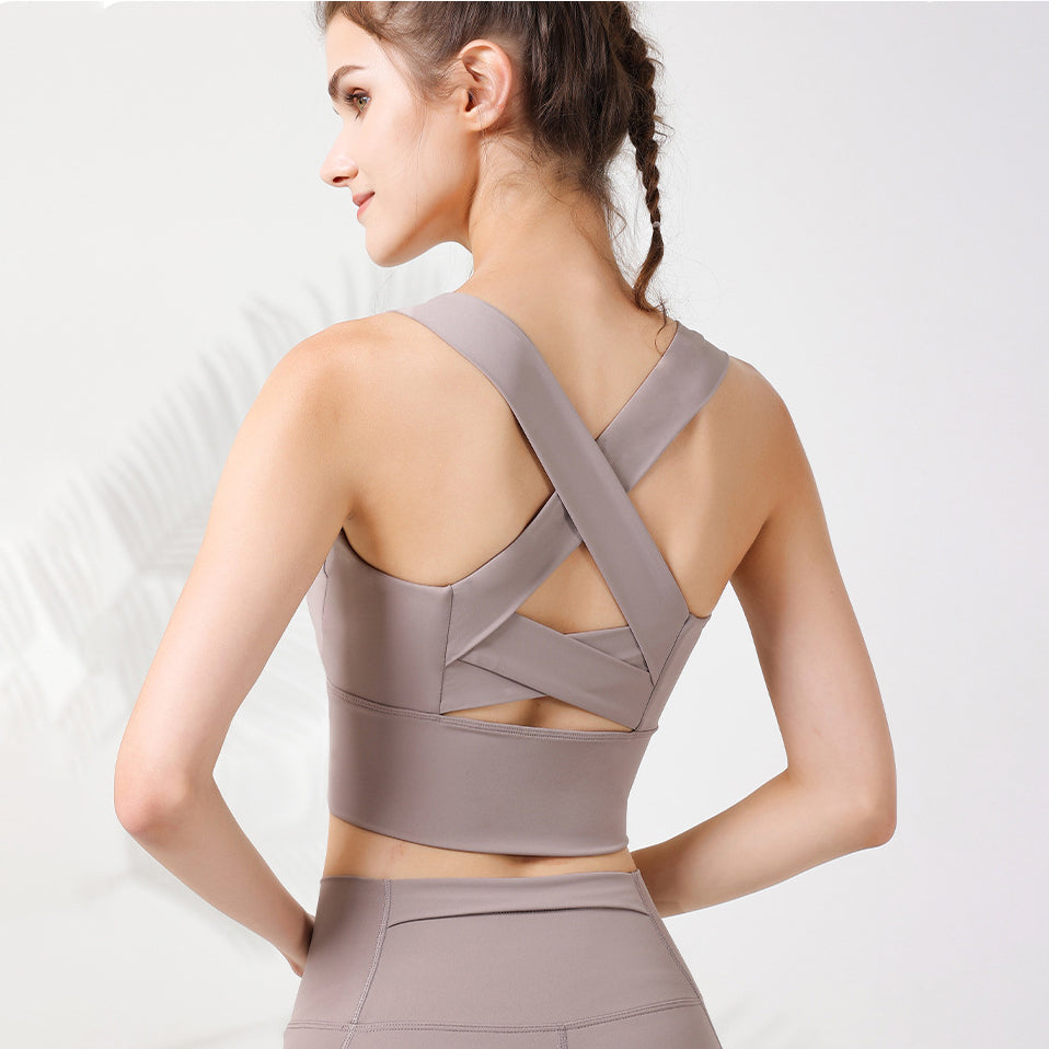 Yoga bra top with cups, back cross, open back, push-up, no wires, padded, wide shoulder straps, wide hem, sports, fitness, Pilates, running, hot yoga, sexy, 5 colors available, SL