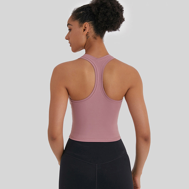 Tank top, yoga top, racer back, stretchy, comfortable, sweat wicking, quick drying, soft, large size, slimming, body covering, casual, no shaking, wide shoulder straps, sleeveless, cropped length, won't flip up, sports, fitness, Pilates, running, S-XXL