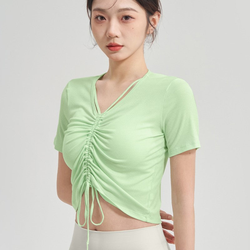 Yoga top, short sleeve, daily use, V-neck, short sleeve, ribbed, 5 colors to choose from, breathable, quick-drying, sports, fitness, lightweight, thin, ribbon, running, drawstring, gathered chest, S-XL