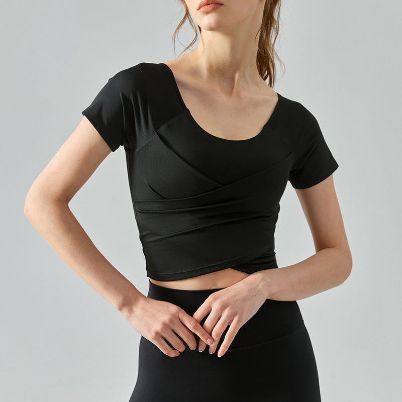 Yoga tops, simple, easy to match, fashionable, round neck, short sleeves, solid color, 4 colors, switching, breathable, quick drying, gym, training, sports, fitness, running, lightweight, padded, cross gathers, S-XL