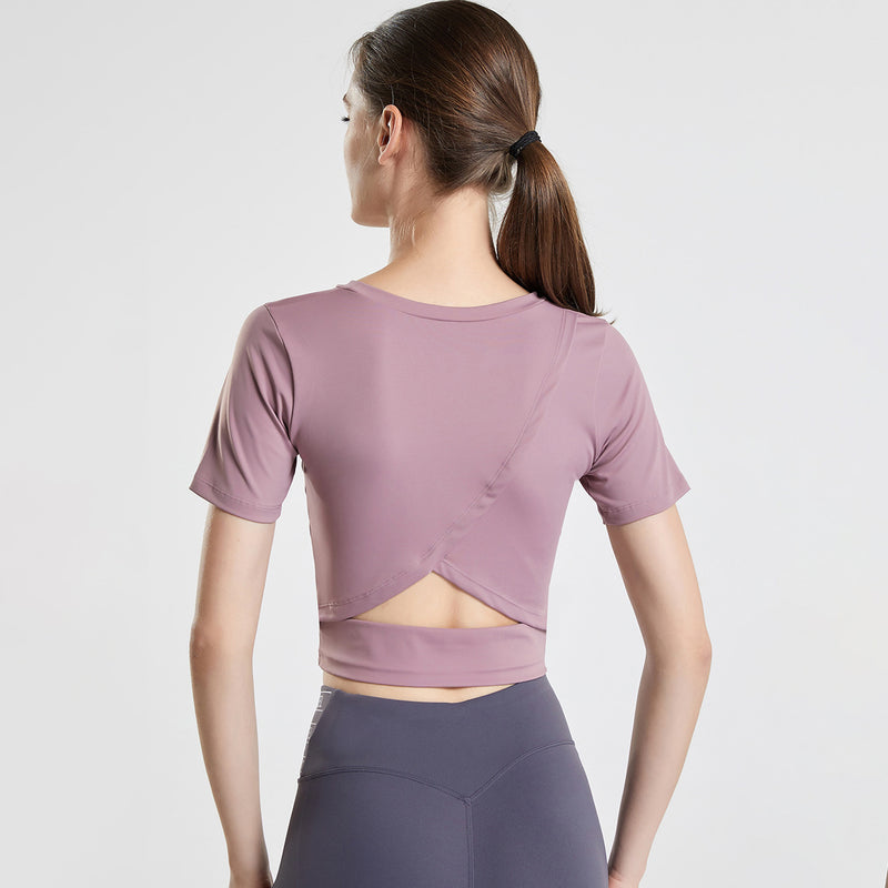 ヨガtシャツ ヨガトップス 半袖 ラウンドネック 無地 全7色 二の腕カバー 背中開き バッククロス へそ出し 速乾 通気性 耐久性 快適 着痩せ 綺麗め 大人可愛い お洒落 大きいサイズ スポーツ フィットネス ランニング S~XXL