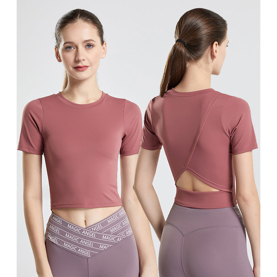 ヨガtシャツ ヨガトップス 半袖 ラウンドネック 無地 全7色 二の腕カバー 背中開き バッククロス へそ出し 速乾 通気性 耐久性 快適 着痩せ 綺麗め 大人可愛い お洒落 大きいサイズ スポーツ フィットネス ランニング S~XXL