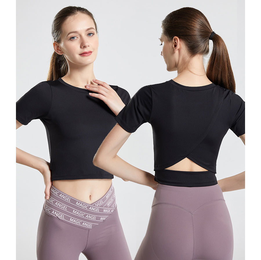 ヨガtシャツ ヨガトップス 半袖 ラウンドネック 無地 全7色 二の腕カバー 背中開き バッククロス へそ出し 速乾 通気性 耐久性 快適 着痩せ 綺麗め 大人可愛い お洒落 大きいサイズ スポーツ フィットネス ランニング S~XXL