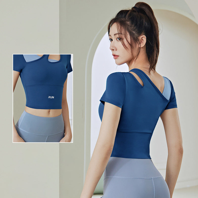 Yoga top, short sleeves, 3 colors to choose from, padding, color scheme, sports, breathability, quick drying, sweat absorption, belly cover, design, simple, slim, retro, cute, sexy, high-class, cheap, S~XXL