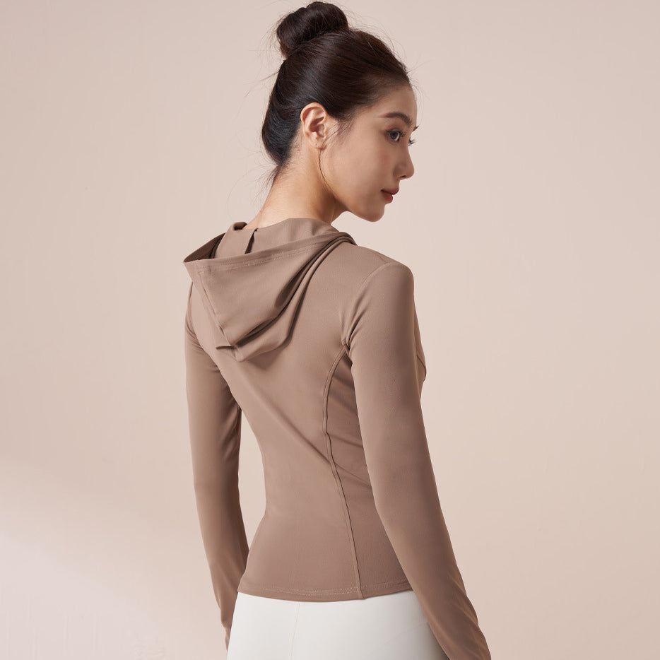 Yoga wear, hoodie, long sleeves, front opening, finger holes, stretch, comfortable, soft, slimming, large size, body coverage, straight bone structure, 3 colors, zipper, won't turn up, sports, fitness, running, outlet, cycling, S-XXL