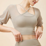 Spring New Fake Two-Piece Breathable Sports Yoga Short Sleeve V-Neck Nude Fixed Cup Running Sports T-Shirt Half Sleeve