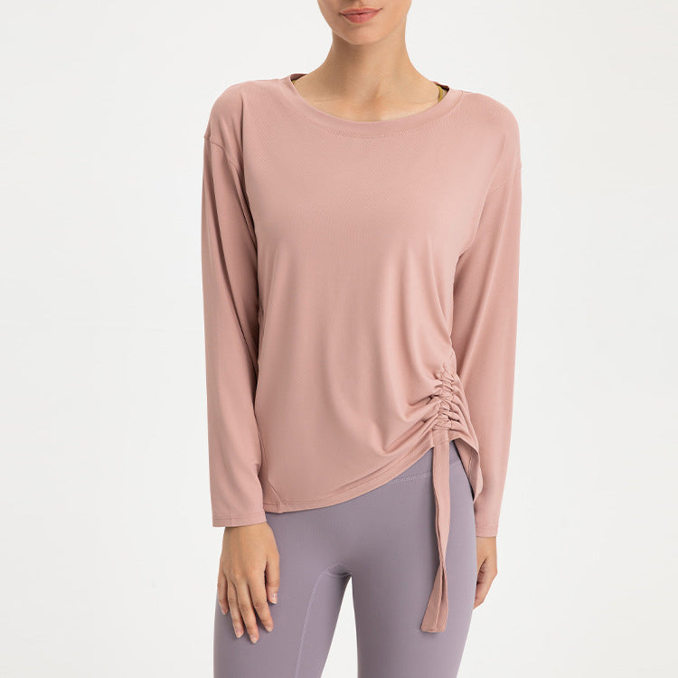 Yoga T-shirt, Yoga Top, Wrap-around, Long Sleeve, Loose Fit, Thin, Soft, Breathable, Shirring, Round Neck, Solid Color, 4 Colors, Long, Non-Constricting, Sports, Fitness, Quick Drying, S-XL