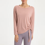 Yoga T-shirt, Yoga Top, Wrap-around, Long Sleeve, Loose Fit, Thin, Soft, Breathable, Shirring, Round Neck, Solid Color, 4 Colors, Long, Non-Constricting, Sports, Fitness, Quick Drying, S-XL