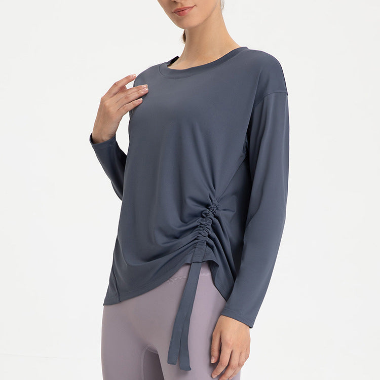 Yoga T-shirt, Yoga Top, Wrap-around, Long Sleeve, Loose Fit, Thin, Soft, Breathable, Shirring, Round Neck, Solid Color, 4 Colors, Long, Non-Constricting, Sports, Fitness, Quick Drying, S-XL