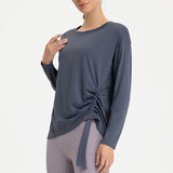 Yoga T-shirt, Yoga Top, Wrap-around, Long Sleeve, Loose Fit, Thin, Soft, Breathable, Shirring, Round Neck, Solid Color, 4 Colors, Long, Non-Constricting, Sports, Fitness, Quick Drying, S-XL