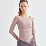 Yoga wear tops, long sleeves, breathable, neat, square neck, solid color, 5 colors, hem, quick drying, tight, won't turn up, hides belly, sports, fitness, soft, doesn't move, S-XL