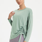 Yoga T-shirt, Yoga Top, Wrap-around, Long Sleeve, Loose Fit, Thin, Soft, Breathable, Shirring, Round Neck, Solid Color, 4 Colors, Long, Non-Constricting, Sports, Fitness, Quick Drying, S-XL