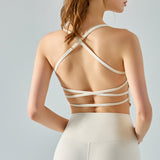 Yoga Camisole with Cups, Back Cross, Triangle Hem, Open Back, Full, No Shaking, No Wires, Asymmetrical, Off-Shoulder, Sports, Fitness, Stylish, Quick Drying, Neat, Sexy, Available in 4 Colors, S-XL