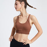 Bra top, yoga top, with cups, double shoulder straps, ruffles, U-neck, plain, open back, push-up, no wires, sports, fitness, Pilates, stylish, sweat-wicking, quick-drying, cute, slimming, breathable, 3 colors available, S-XL
