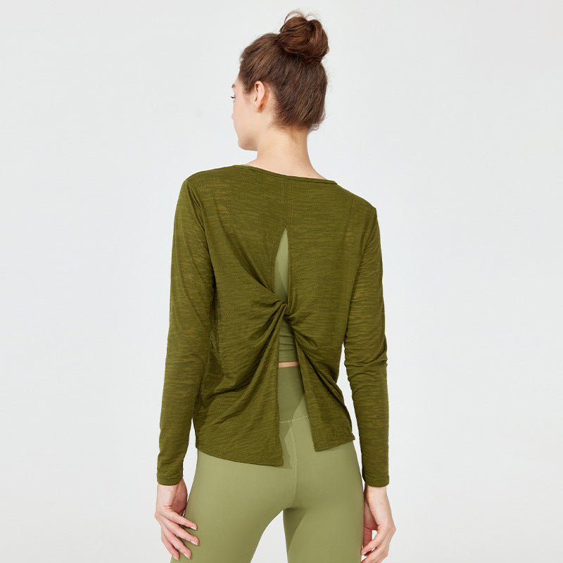 Yoga wear, tops, cover-up, yoga t-shirt, long sleeves, see-through, back slit, breathable, round neck, 5 colors available, cute back, sports, fitness, gym, Pilates, running, stylish, quick-drying, loose, thin, cool, S-XL