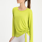 Yoga T-shirt, Yoga Top, Wrap-around, Long Sleeve, Loose Fit, Thin, Soft, Breathable, Shirring, Round Neck, Solid Color, 4 Colors, Long, Non-Constricting, Sports, Fitness, Quick Drying, S-XL