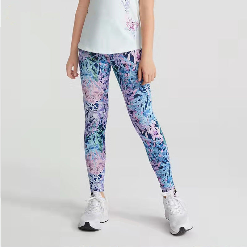 Yoga leggings, printed, 2 colors to choose from, for kids, juniors, children, high waist, color combination, sports, breathable, quick drying, sweat absorbing, elegant, stylish, slimming, retro, beautiful, 3-11 years old, S~XL