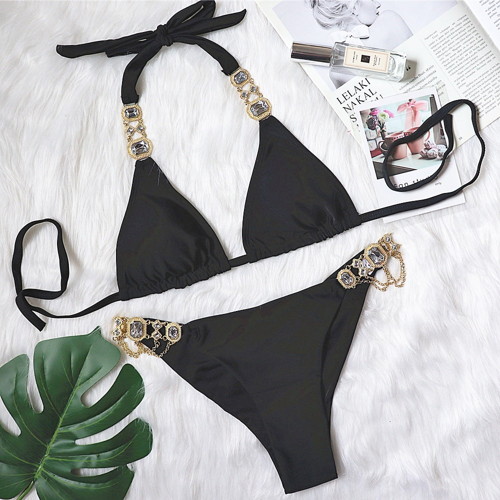 Brazilian bikini, two-piece swimsuit, separate, string, thong, halter neck, open back, 6 colors, sexy, with cups, no wires, pads, large bust, rhinestones, sauna, hot spring, swimming, beach, pool, S~L