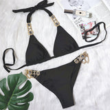 Brazilian bikini, two-piece swimsuit, separate, string, thong, halter neck, open back, 6 colors, sexy, with cups, no wires, pads, large bust, rhinestones, sauna, hot spring, swimming, beach, pool, S~L