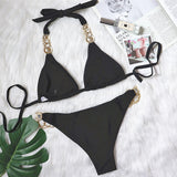 Brazilian bikini, two-piece swimsuit, separate, string, thong, halter neck, open back, 6 colors, sexy, with cups, no wires, pads, large bust, rhinestones, sauna, hot spring, swimming, beach, pool, S~L