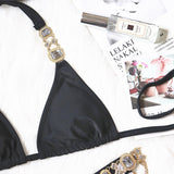 Brazilian bikini, two-piece swimsuit, separate, string, thong, halter neck, open back, 6 colors, sexy, with cups, no wires, pads, large bust, rhinestones, sauna, hot spring, swimming, beach, pool, S~L
