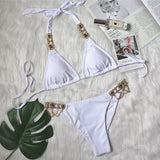 Brazilian bikini, two-piece swimsuit, separate, string, thong, halter neck, open back, 6 colors, sexy, with cups, no wires, pads, large bust, rhinestones, sauna, hot spring, swimming, beach, pool, S~L